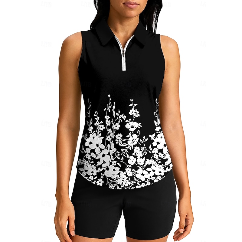 Women's Plants Floral Tops Sport Shirt Golf Polo Shirt Tennis Shirt Sleeveless Zipper High Elasticity Moisture Wicking Breathable Tennis Pickleball Running Turndown Zip Collar Shirt Tank Top Black2