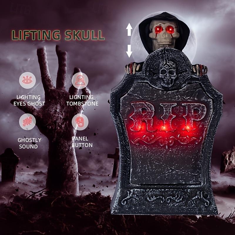 Spooky Halloween Cemetery Decor - Electric Grave Marker with Glowing Red Eyes & 