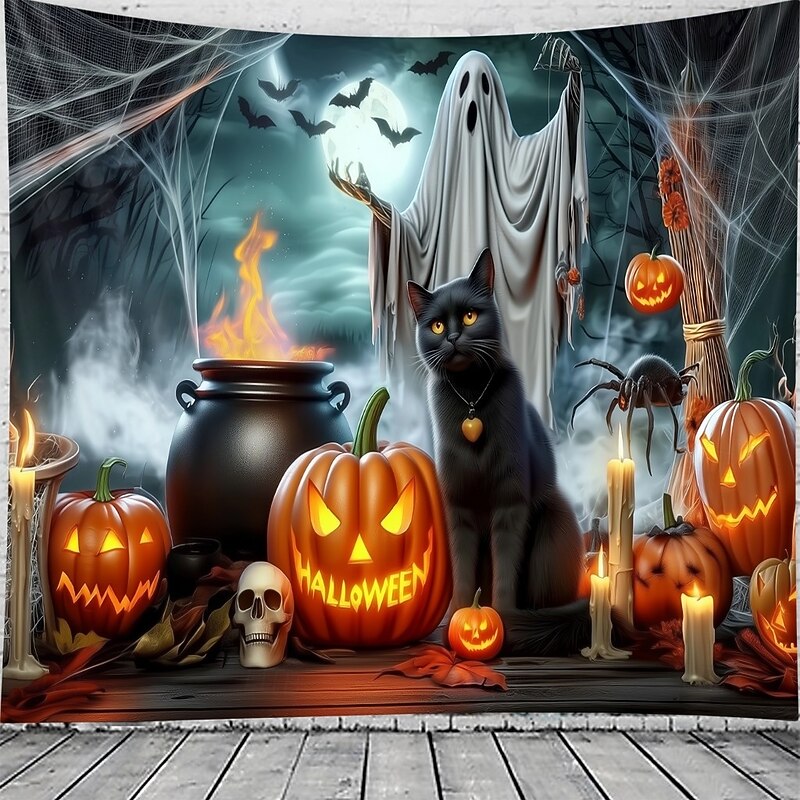 Halloween Witch Cauldron Wall Tapestry – Ghost, Pumpkins, and Potion Scene, Spooky Night Gothic Backdrop for 2025 HALLOWEEN Living Room, Bedroom, Party Decoration