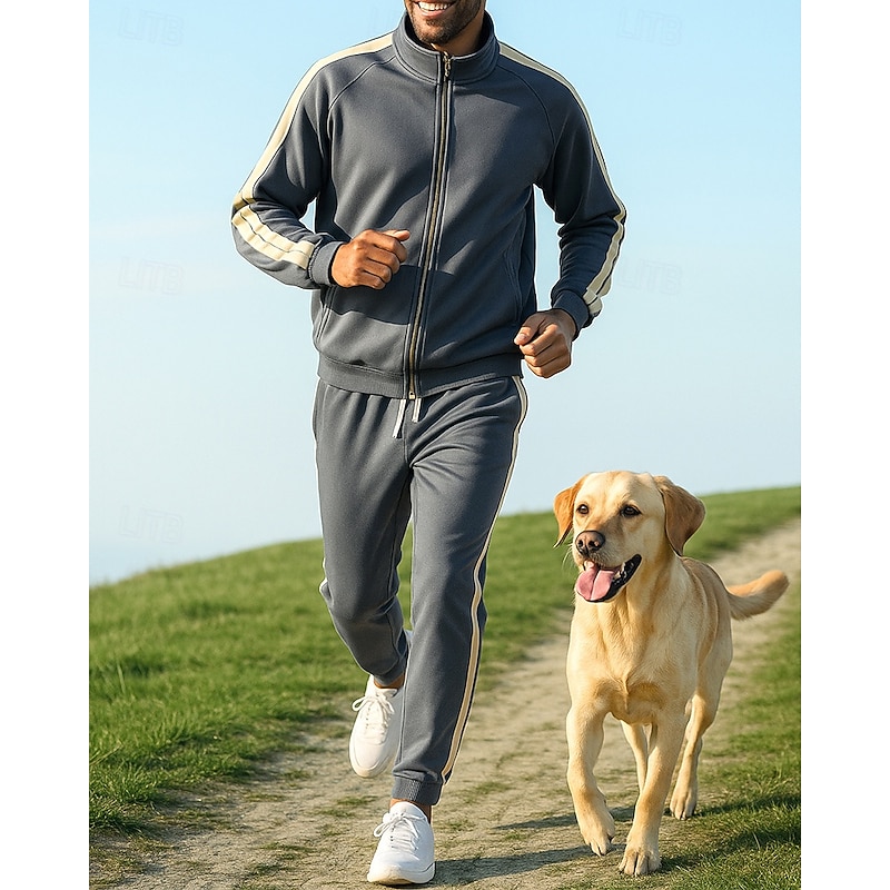 Men's Tracksuit Sweatpants Zip Up Sweatshirt Zipper Pocket Color Block Clothing Suit Spring Black Coffee Fishing Hiking Outdoor Windproof Lightweight Moisture Wicking Long Sleeve Sport Activewear