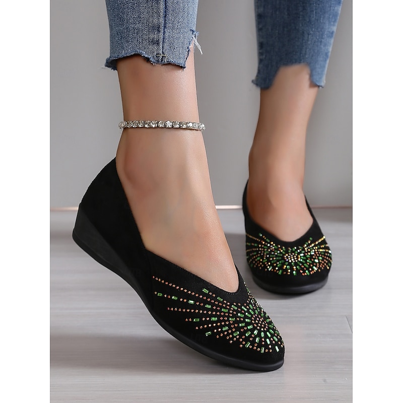 Black Faux Suede Flat Shoes for Women – Comfortable Slip-On Flats with Rhinestone Detailing, Trendy Casual Footwear4