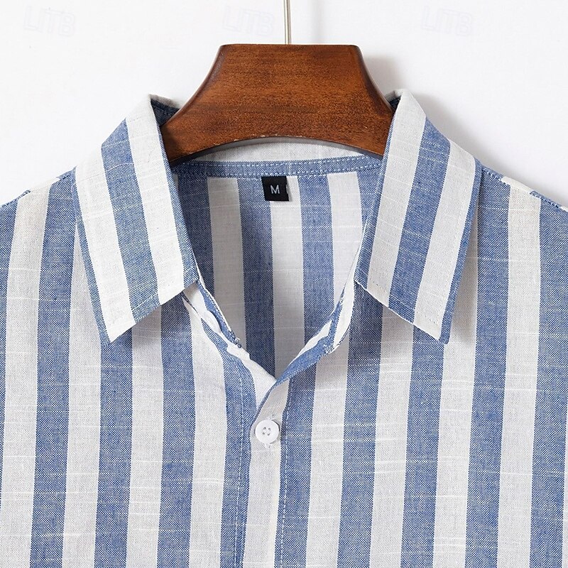 Men's Shirt Linen Shirt Summer Shirt Beach Wear Button Up Shirt Vertical Stripes Vacation Curise Black Pink Blue Gray Long Sleeve Turndown Summer Spring Clothing Apparel2