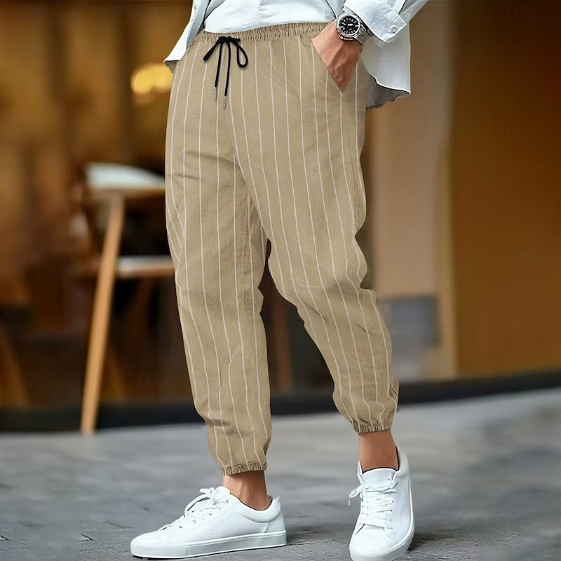 Men's Linen Pants Trousers Summer Pants Pocket Elastic Waist Drawstring Striped Comfort Breathable Full Length Outdoor Business Daily Vacation Business Black White