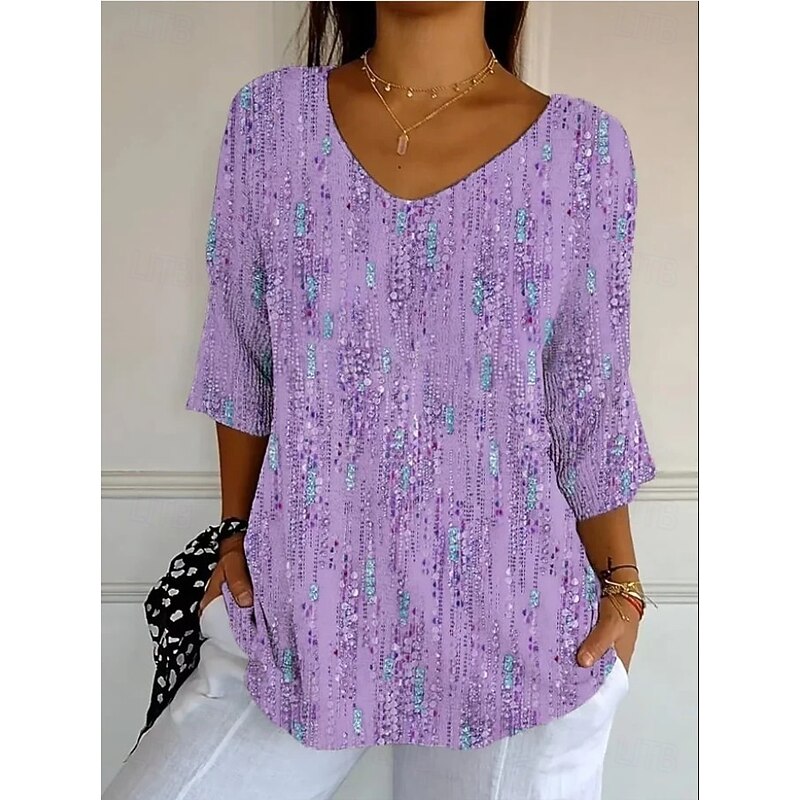 Women's Blouse Floral Graphic Vintage Tropical Stylish 3/4 Length Sleeve V Neck Regular Tops Daily Blue Light Purple Purple Summer Spring Fall