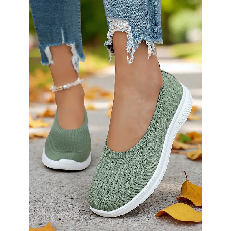 Women's Green Flyknit Walking Sneakers – Lightweight Slip-On Comfort Shoes for Outdoor Strolls, Shopping and All-Day Wear4