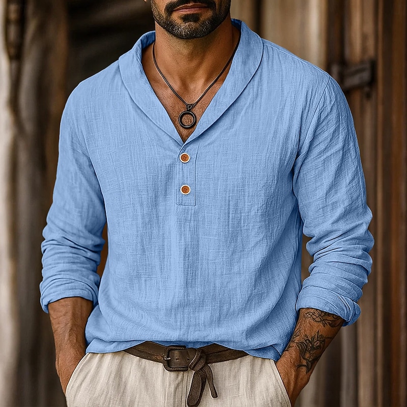 Men's Shirt Linen Shirt Popover Shirt Summer Shirt Beach Wear Solid Color Vacation Street Black Blue Khaki Long Sleeve Collar Summer Spring Clothing Apparel2