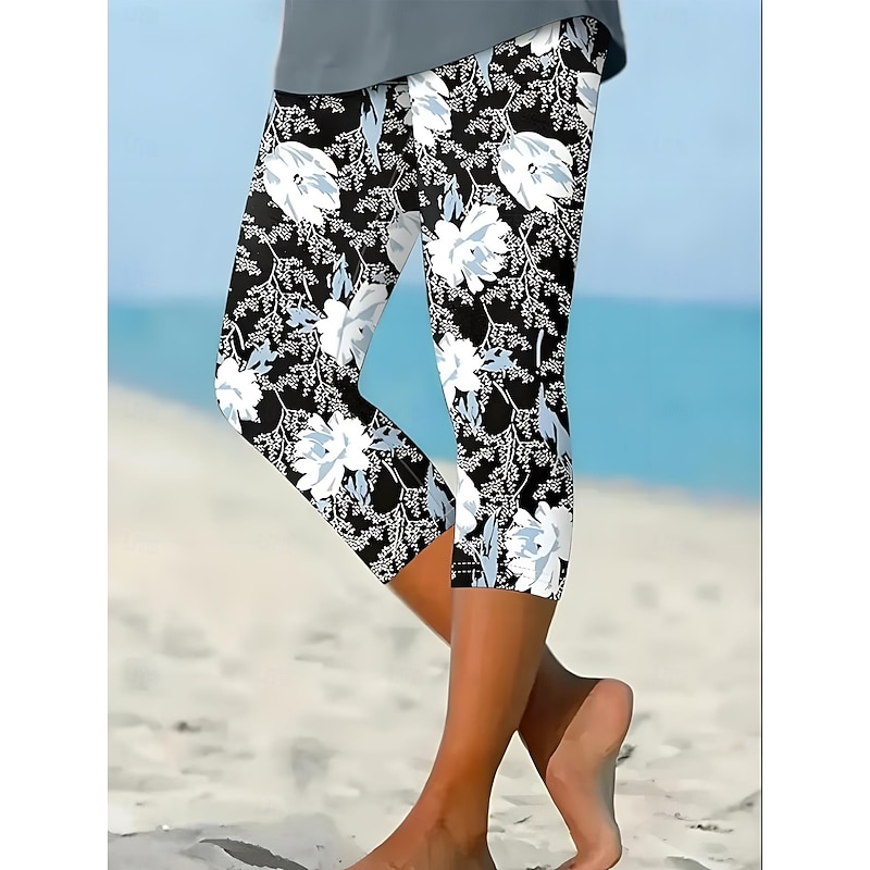 Women's Leggings Capri Pants High Elasticity Vacation Fashion Hawaiian Ankle-Length Mid Waist Floral Printing Thermal Warm Breathable Soft  Vacation Casual Daily Ash Summer Spring Regular Fit