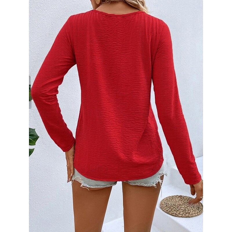 Women's Blouse Solid Color Stylish Casual Long Sleeve V Neck Regular Tops Daily Buttons Red Orange Brown Summer Spring Fall2