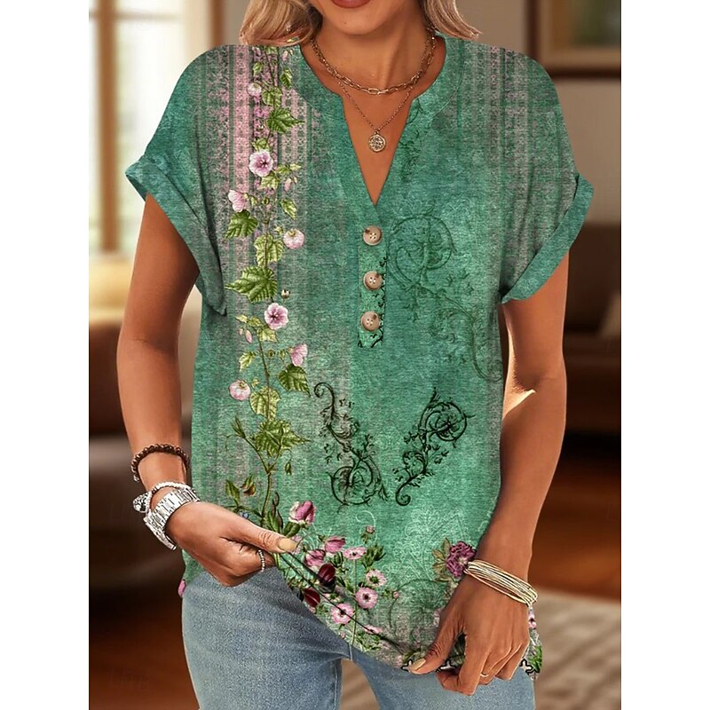 Women's Cotton Shirt Floral Graphic Vintage Tropical Stylish Short Sleeve V Neck Regular Tops Daily Print Black Yellow Red Blue Green Summer Spring4