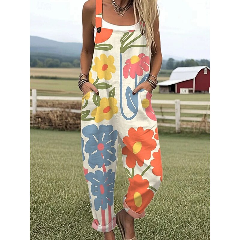 Women's Dungarees Active Floral Sleeveless Straight with Pocket Vacation Street Loose Fit Yellow Blue Purple Summer3