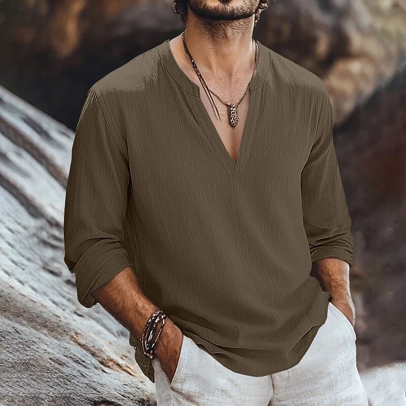 Men's Shirt Linen Shirt Viking Style Summer Shirt Beach Wear Solid Color Outdoor Vacation Green Beige Long Sleeve V Neck Summer Spring Clothing Apparel