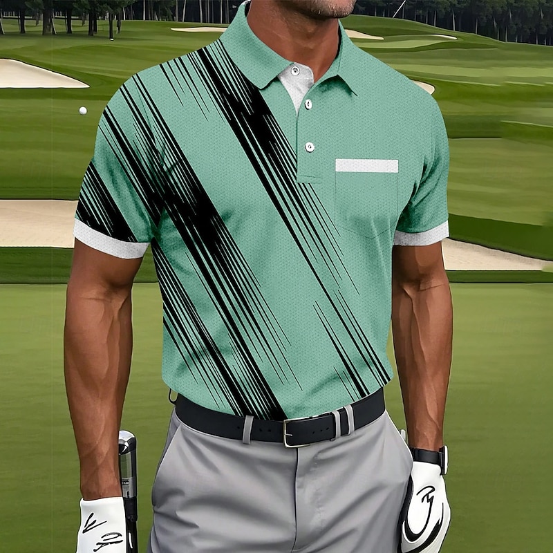 Men's Geometic Line Polo Short Sleeve Polo Shirts Collared Shirts Business Casual Outdoor Athleisure Daily Wear Pocket 3D Print Buttons Summer White Pink Blue3