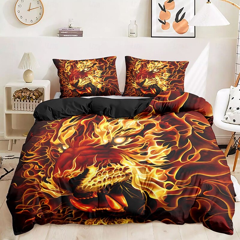 Halloween Duvet Cover Fire Skull by Tom Wood Bedding Set 3-Piece Comforter Cover Set with Zipper Closure, Soft and Lightweight, Holiday Bedroom Decoration