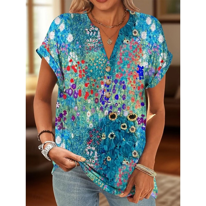 Women's Cotton Shirt Floral Graphic Vintage Tropical Stylish Short Sleeve V Neck Regular Tops Daily Print Black Yellow Red Blue Green Summer Spring - Main Image