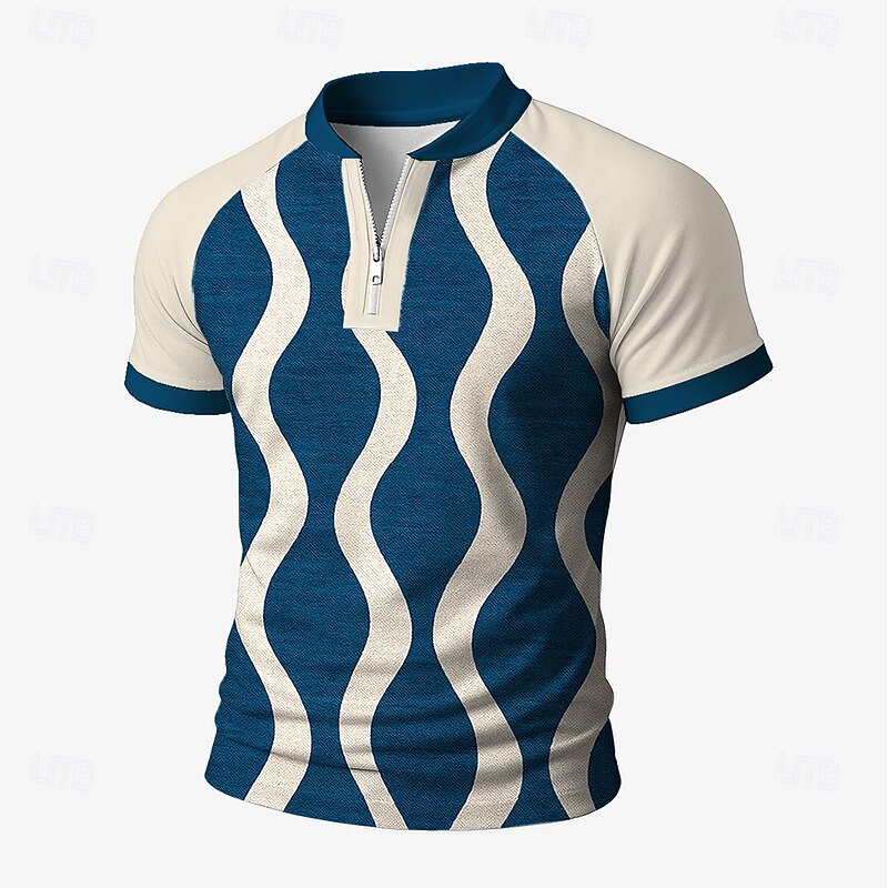 Men's Geometic Line Zip Polo Short Sleeve Stand Collar Business Modern Leisure Business Athleisure Casual Daily Zipper 3D Print Summer Robin's Egg Blue Green Red