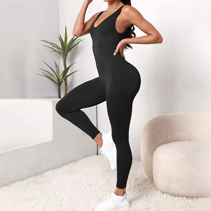 Women's Scrunch Yoga Romper Workout Jumpsuits Tummy Control High Waist Gym Dance Athletic Bottoms Solid Color Black Fall Sports Activewear Tight Fit