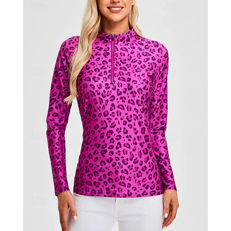 Women's Leopard Golf Polo Shirt Tennis Shirt Long Sleeve Print Quarter Zip Pullover UV Protection Elastic Breathable Tennis Golf Pickleball Zip Collar Shirt Polo Pink Tennis Clothing