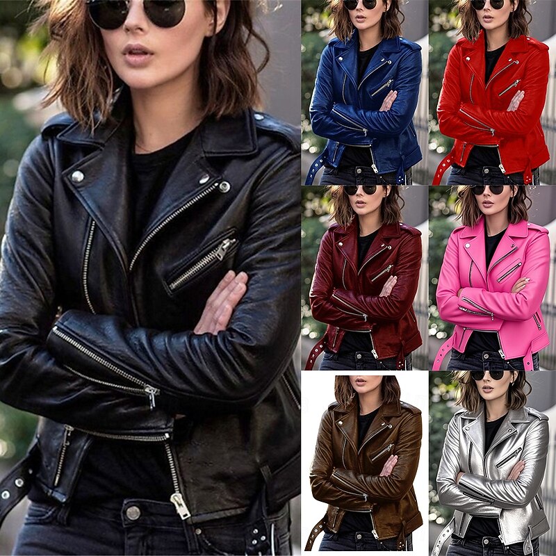 Women's Faux Leather Jacket Comfortable Full Zip Fashion Street Style Plain Outdoor Casual Daily Regular Turndown Regular Fit Long Sleeve Outerwear Silver Black Pink Spring Fall