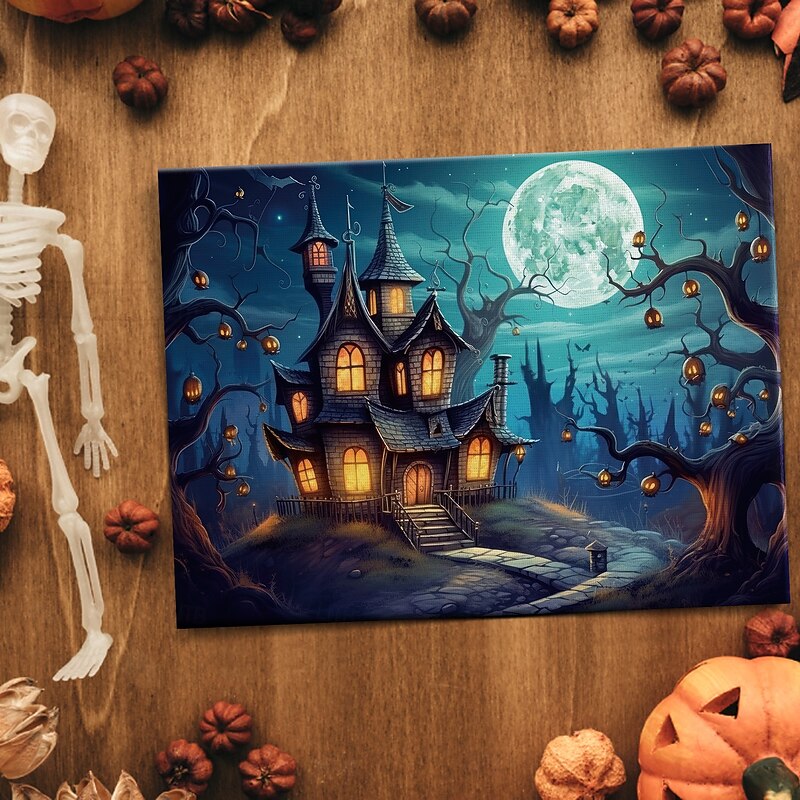 Halloween Full Moon Haunted Village LED Canvas Wall Art - Battery Operated Lighted Wall Decor for 2025 Halloween home decoration light livingroom and bedroom3