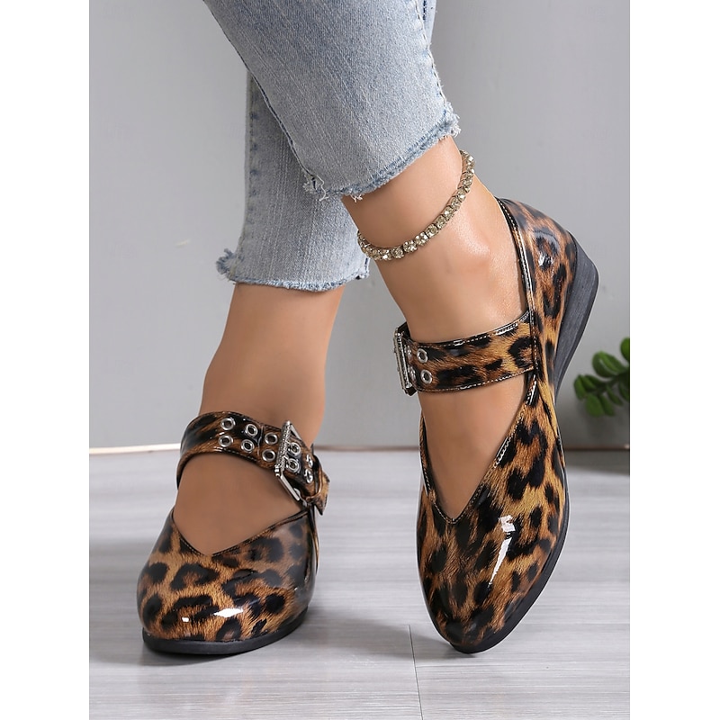Leopard Print Faux Patent Leather Mary Jane Flats for Women – Adjustable Buckle Strap, Stylish and Comfortable Slip-On Footwear
