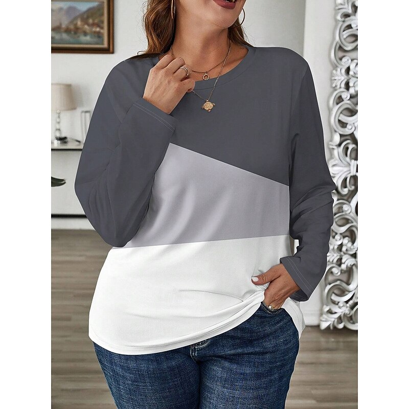 Women's Plus Size Tops T Shirt Geometry Print Long Sleeve Crew Neck Casual Daily Polyester Fall Winter Blue Brown4