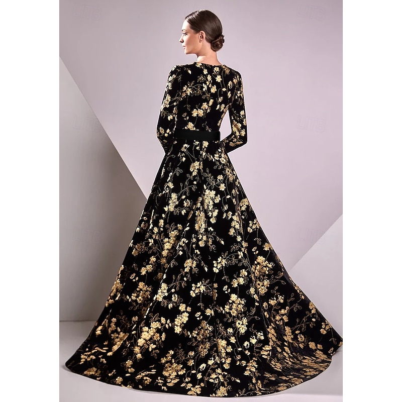 Black Tie Gold Floral A-Line Evening Gown Elegant Dress Formal Wedding Floor Length Long Sleeve V Neck Pocket Nylon2