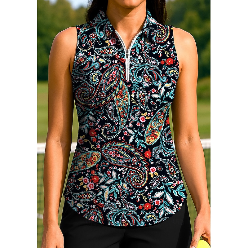 Women's Paisley Multi Color Boho Tops Sport Shirt Golf Polo Shirt Tennis Shirt Sleeveless Zipper UPF50+ UV Resistant High Elasticity Moisture Wicking Breathable Tennis Golf Pickleball Turndown Polo3