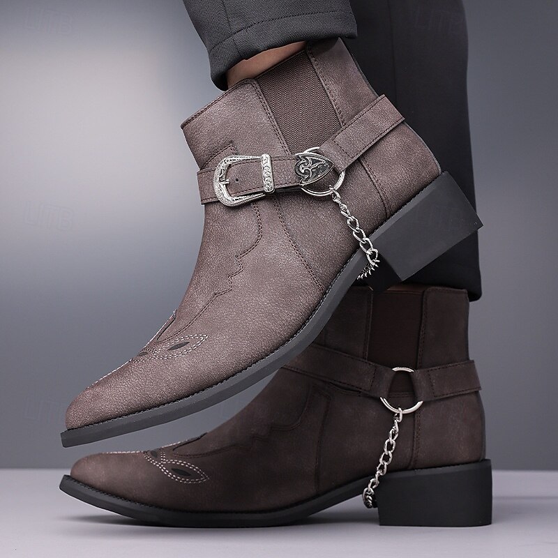 Men's Gray Faux Leather Western Ankle Boots – Buckled Strap and Metal Chain Design for Country Concerts, Nightlife Parties and Statement Streetwear3