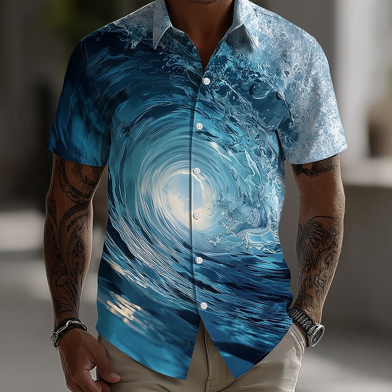 Men's Optical Illusion Ocean Waves Summer Hawaiian Shirt Button Up Shirt Aloha Shirt Short Sleeve Hawaiian Vacation Beach Wear Summer Spring Turndown 3D Print Collared Shirts Blue 2# Blue 1# Blue3