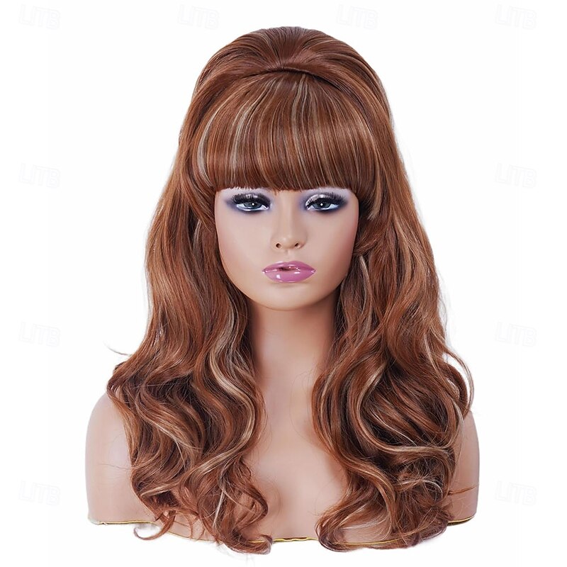 Vintage Long Wavy Ginger Mixed Blonde Wig with Bang Retro Big Bouffant Beehive Wigs fits 60s 70s 80s Costume or Halloween Party