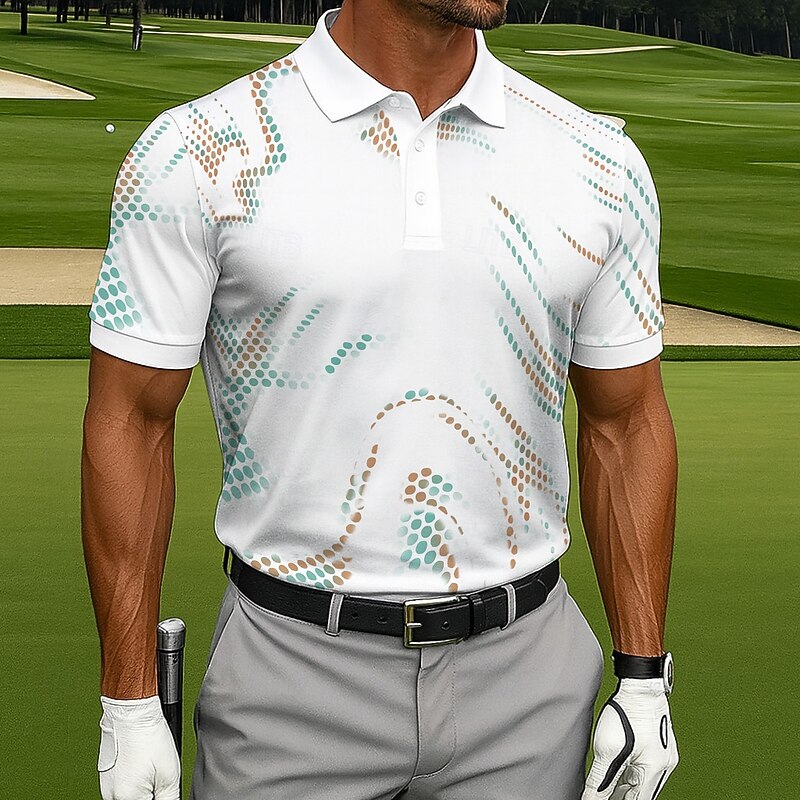 Men's Geometic Golf Polo Sports Polo Shirts Short Sleeve Polo Shirts Sportswear Athleisure Daily Wear 3D Print Buttons Spring Fall White Brown Green