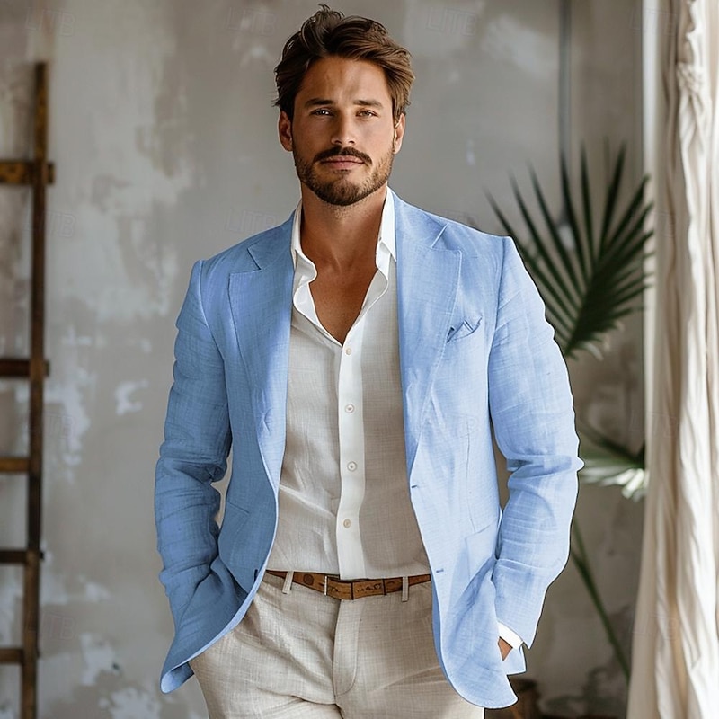 Men's 100% Linen Blazer Jacket Wedding Party Anniversary Summer Spring Linen Solid Color Single Breasted One-button Blazer Blue Beige3