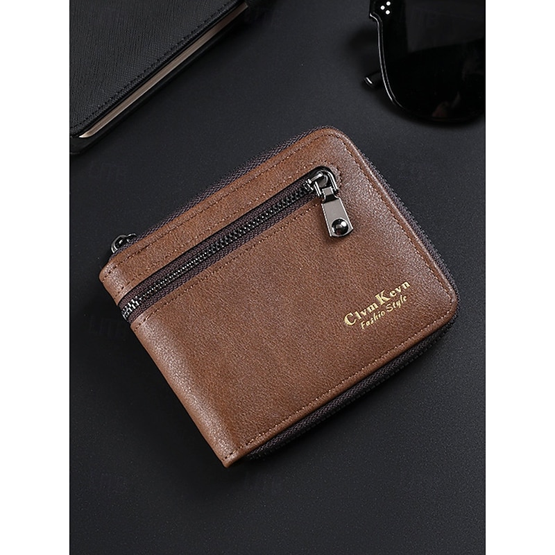 Men's Faux Leather Zip Wallet – Slim Bifold Design with Multiple Card Slots and Coin Pocket, Stylish and Durable Purse for Business, Travel and Everyday Use