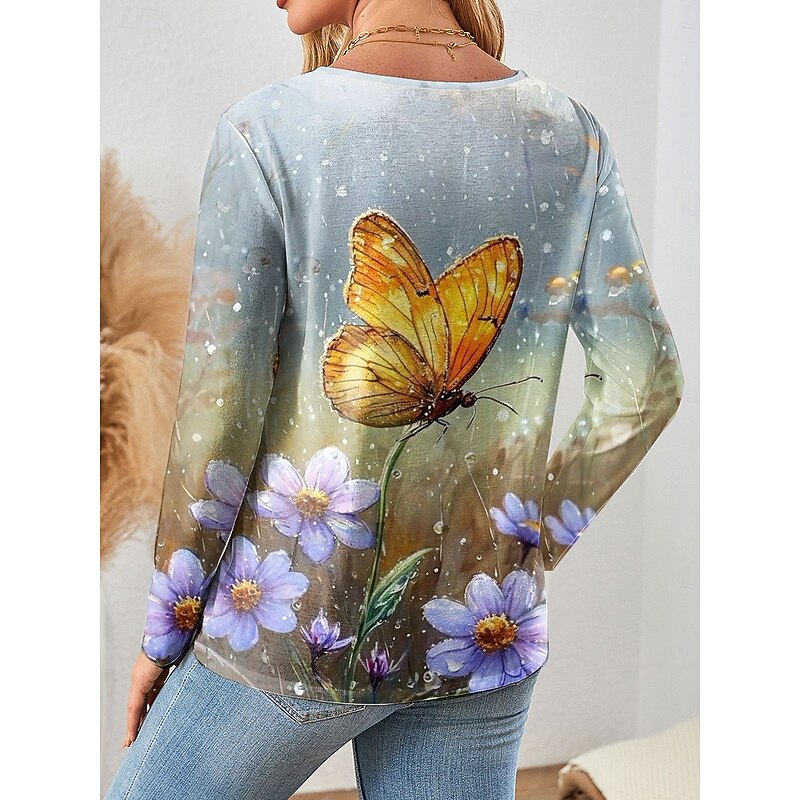 Women's T shirt Crew Neck Long Sleeve Tunic Floral Graphic Butterfly Vintage Stylish Classic  Regular Tops Daily Weekend Print Blue Spring Fall2