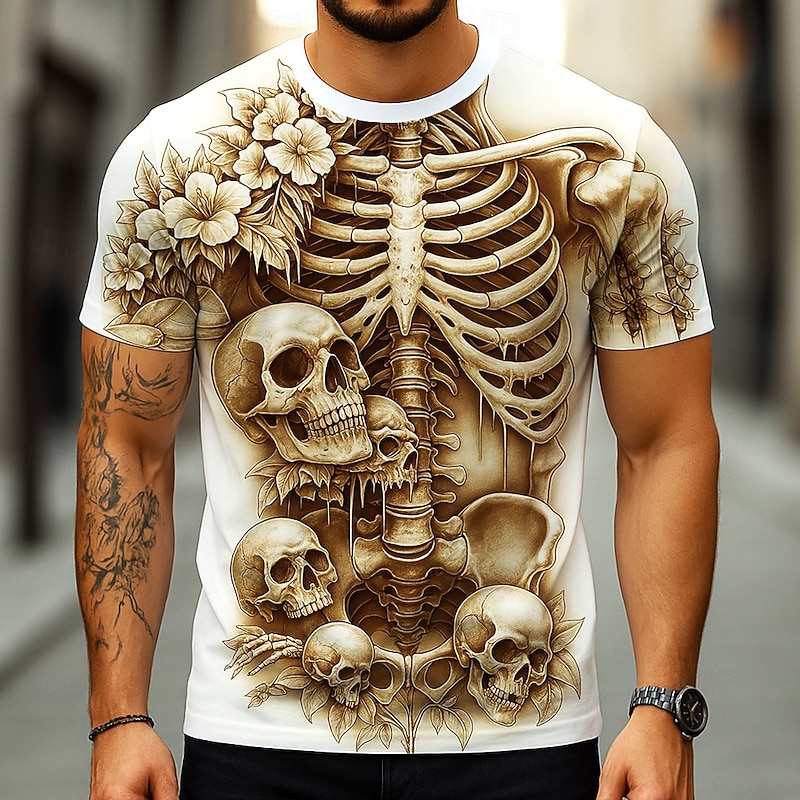 Halloween Men's Optical Illusion 3D Skeleton T Shirt Short Sleeve T shirt 3D Print Crew Neck Shirt Exaggerated Designer Horror Party Street Casual White Yellow Blue Summer Spring All Seasons Clothing2