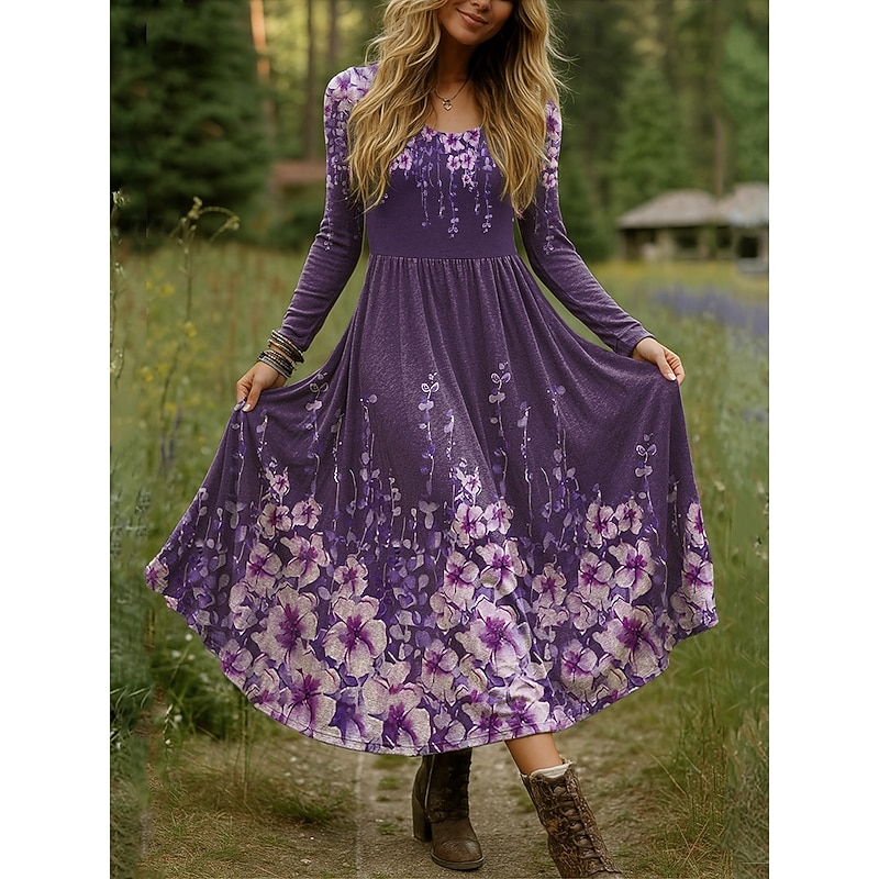 Women's Maxi Dress Fit And Flare Dress Vacation Casual Boho Party Daily Going out Regular Fit Floral Polka Dot Long Sleeve Crew Neck Blue Sky Blue Purple Green Fall Winter2