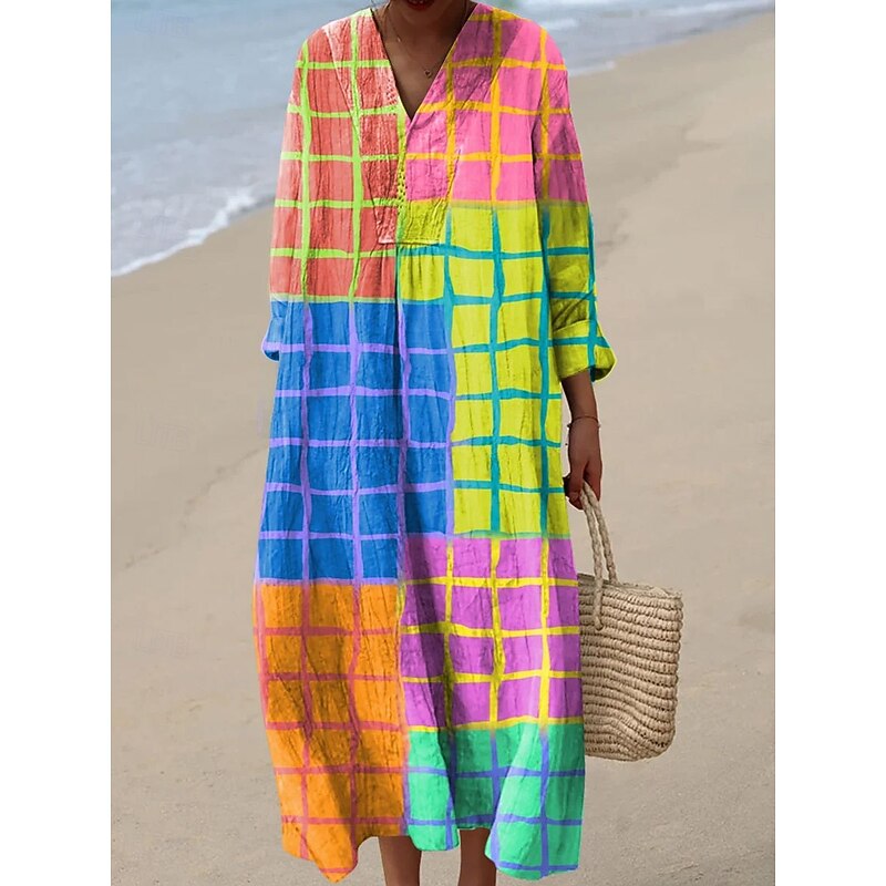 Women's Midi Dress V Neck Long Sleeve Kaftan Lightweight Loose Fit Casual Dress A Line Dress Casual Boho Party Loose Fit Graphic Geometric Abstract Long Sleeve V Neck Yellow Pink Blue Brown Fall3