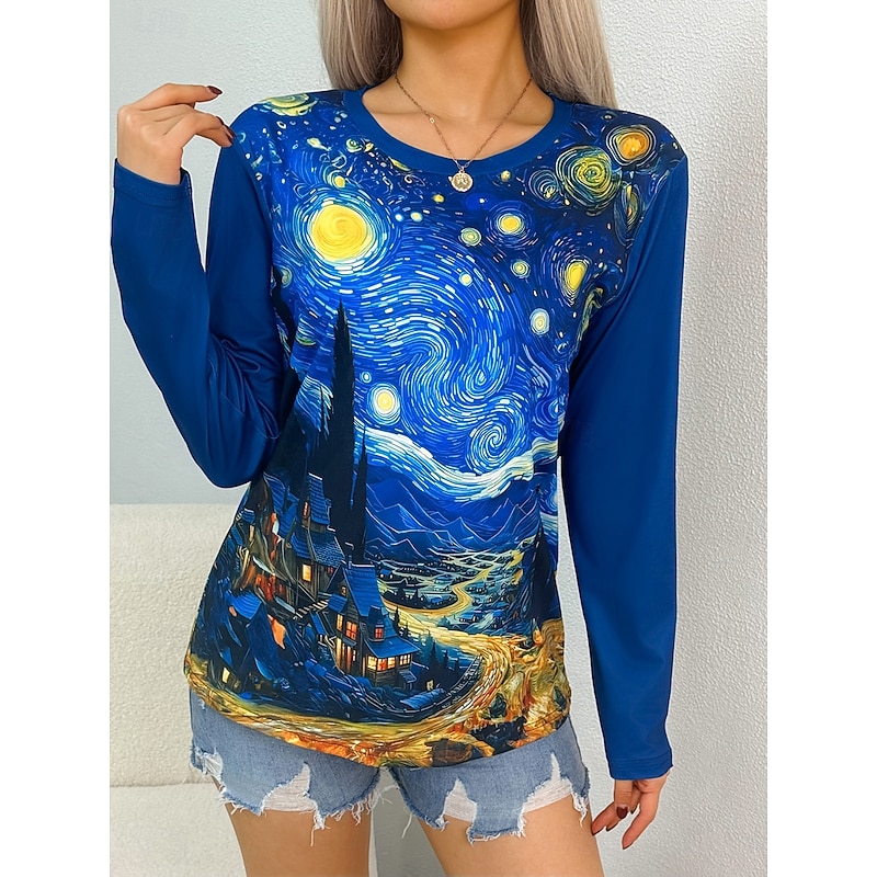 Women's T shirt Crew Neck Long Sleeve Tunic Graphic Abstract Vintage Stylish Classic  Round Neck Regular Tops Daily Print Blue Fall