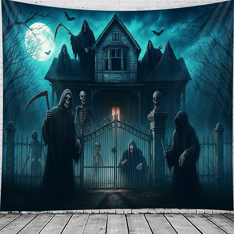 Halloween Gothic Haunted House Wall Tapestry – Creepy Silhouettes in Front of Spooky Mansion, Foggy Night Scene, Horror Backdrop for 2025 HALLOWEEN Living Room, Bedroom, Party Decoration