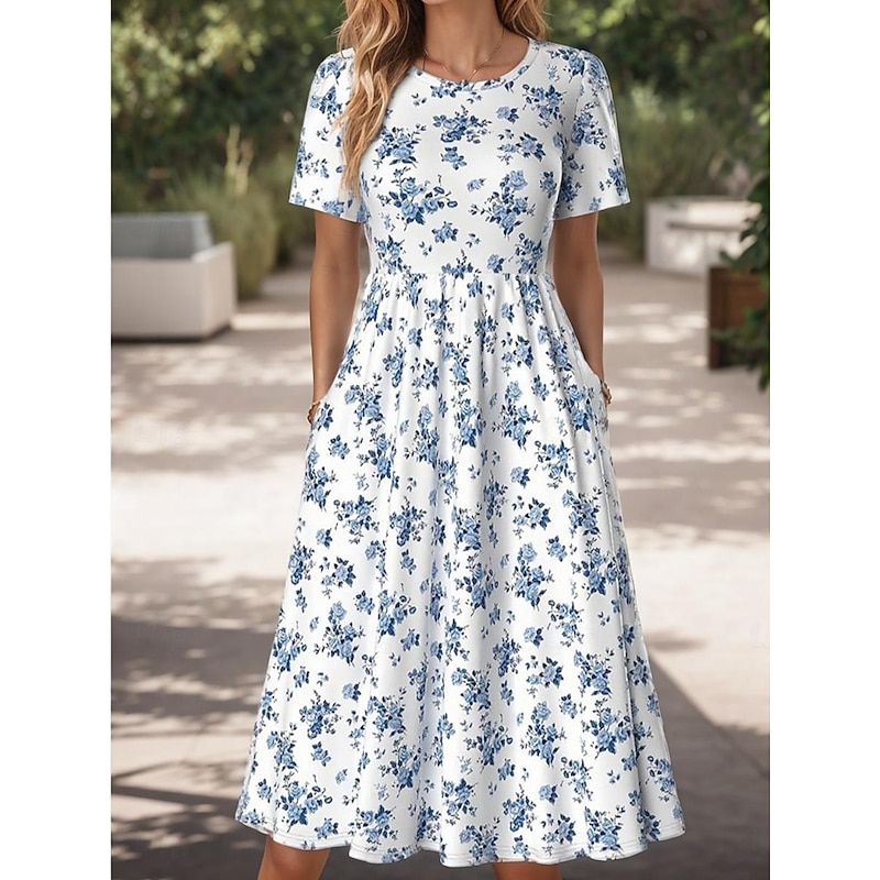 Women's Midi Dress T Shirt Dress Tee Dress Sundress A Line Dress Summer Dress Vacation Casual Beach Daily Going out Summer Dress Regular Fit Ombre Floral Graphic Short Sleeve Crew Neck White Dark
