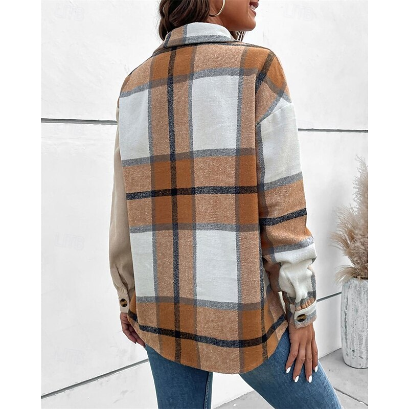 Women's Shirt Jacket Shacket Comfortable Breathable Buttons Fashion Modern Casual Plaid Going out Weekend Single Breasted Regular Turndown Regular Fit Long Sleeve Outerwear Khaki Spring Fall4