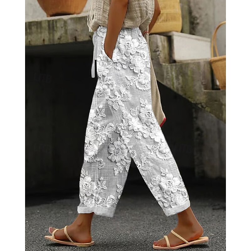 Women's Slacks Pants Trousers Fashion Streetwear Full Length Mid Waist Flower Print Breathability Comfortable Street Daily Wear Going out Apricot Black White Pink Summer Spring Regular Fit3