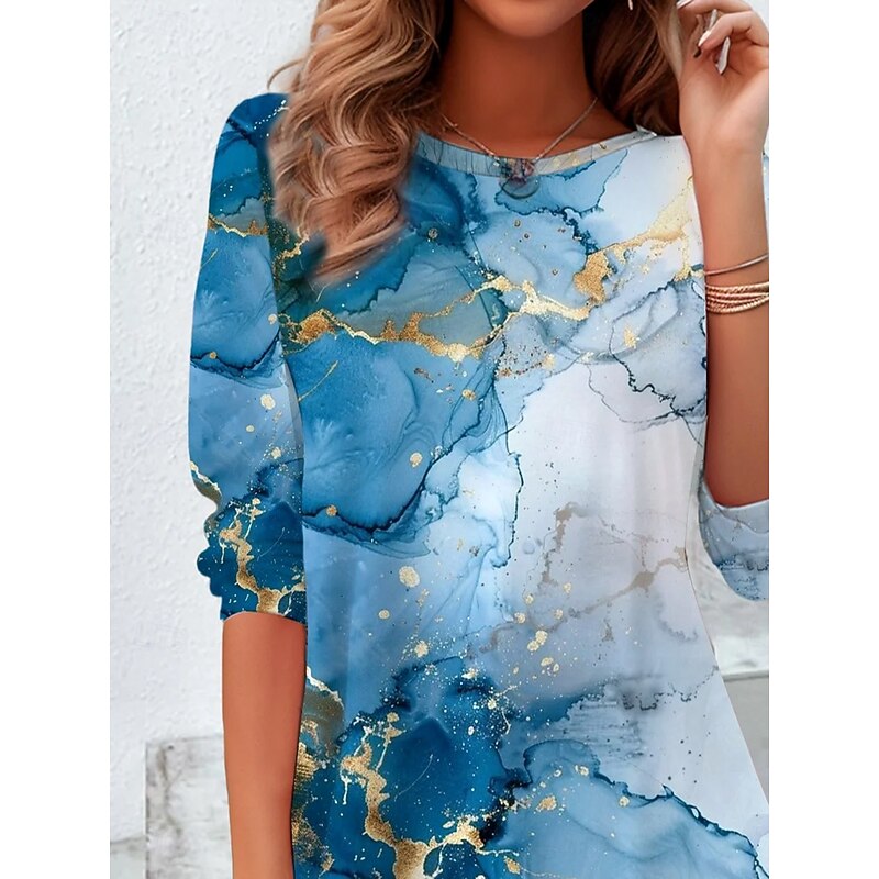 Women's T shirt Crew Neck Long Sleeve Tunic Graphic Marble Vintage Stylish  Round Neck Regular Tops Daily Print Sky Blue Fall2