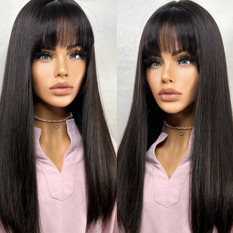 Human Hair 5x5 Closure 13x4 Lace Front Wig With Bangs Brazilian Hair Straight Black Wig 130% 150% Density with Baby Hair Natural Hairline 100% Virgin Glueless For Women Long Human Hair Lace Wig4