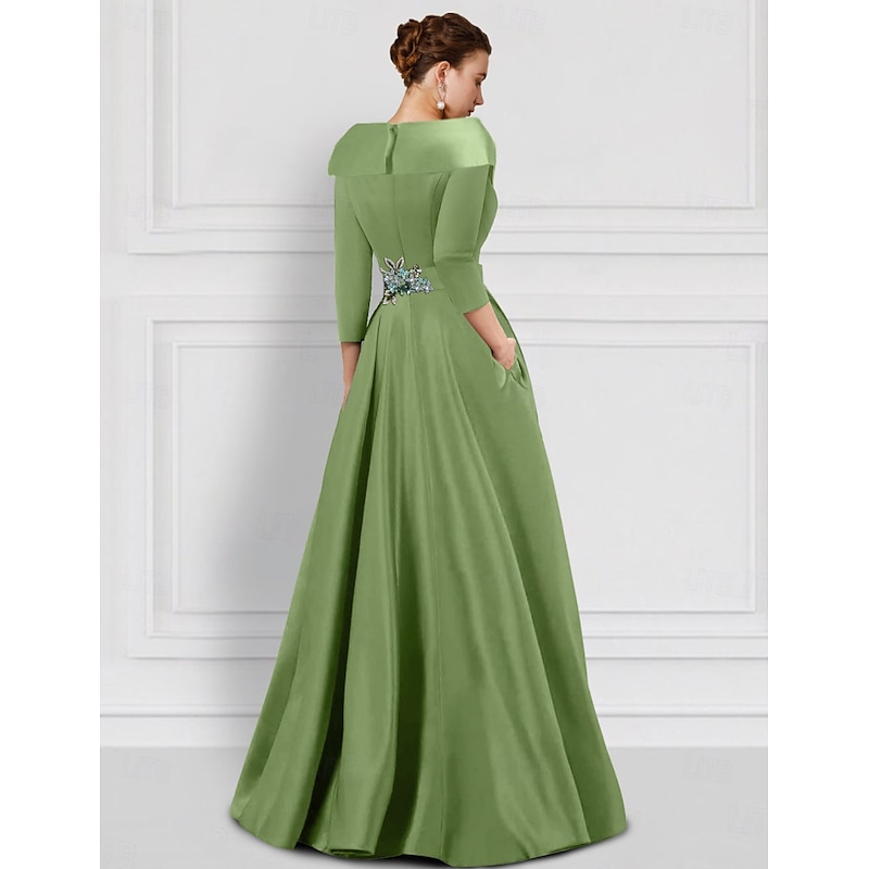 A-Line Evening Gown Elegant Overskirt Jumpsuit Dress Formal Wedding Floral Floor Length Half Sleeve Shirt Collar Satin with Slit Embroidery Appliques2