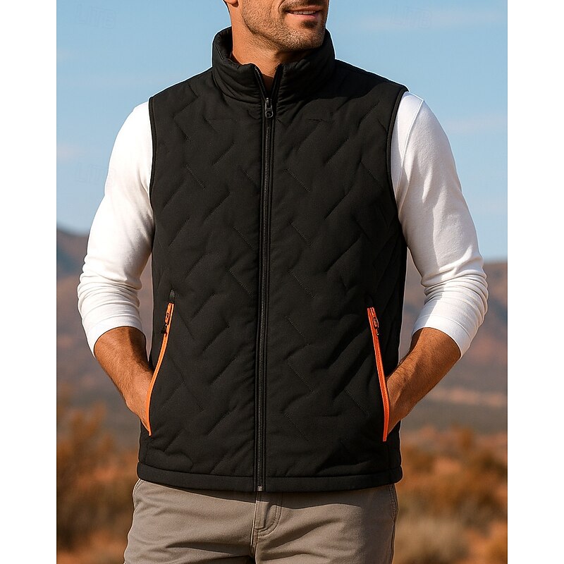 Men's Puffer Vest Thermal Vest Sleeveless Vest Outdoor Thermal Warm Winter Zipper Pocket Polyester Black White Hunting Fishing Climbing
