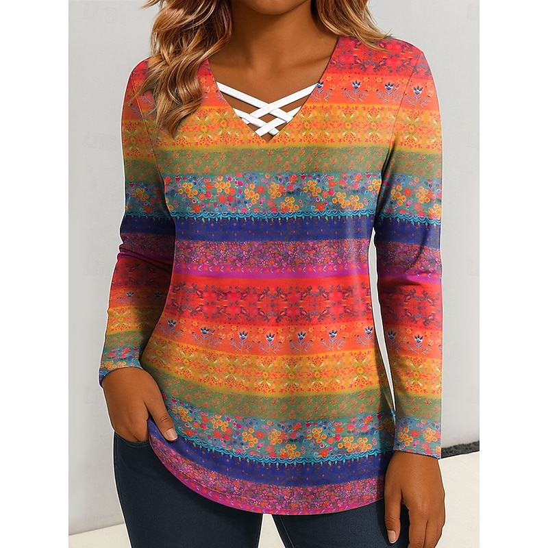 Women's T Shirt Floral Graphic Vintage Stylish Classic Long Sleeve V Neck Regular Tops Daily Cut Out Print Blue Purple Orange Green Spring Fall