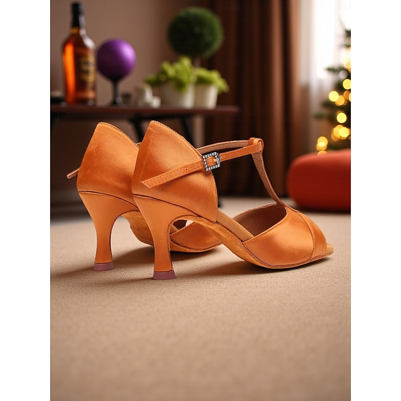 Women's Latin Dance Shoes - Elegant Satin T-Strap Open-Toe Heels with Adjustable Buckle, Comfortable Ballroom and Salsa Dance Footwear for Professional and Social Dancing4