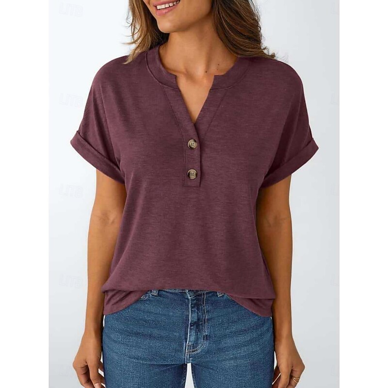 Women's Texture Blouse T Shirt Plain Fashion Modern Short Sleeve V Neck Regular Tops Daily Buttons Wine Summer
