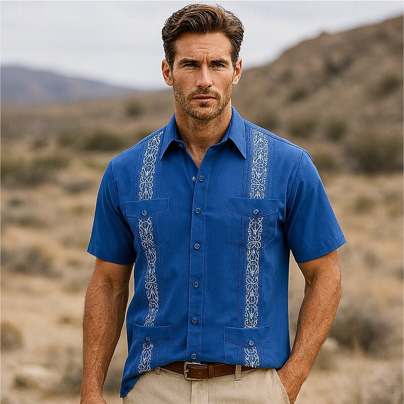 Men's  Guayabera  Shirt Black White Red Blue Gray Short Sleeve Embroidered Shirt Collar Casual Embroidery Clothing Apparel Elegant Vacation Vintage Daily